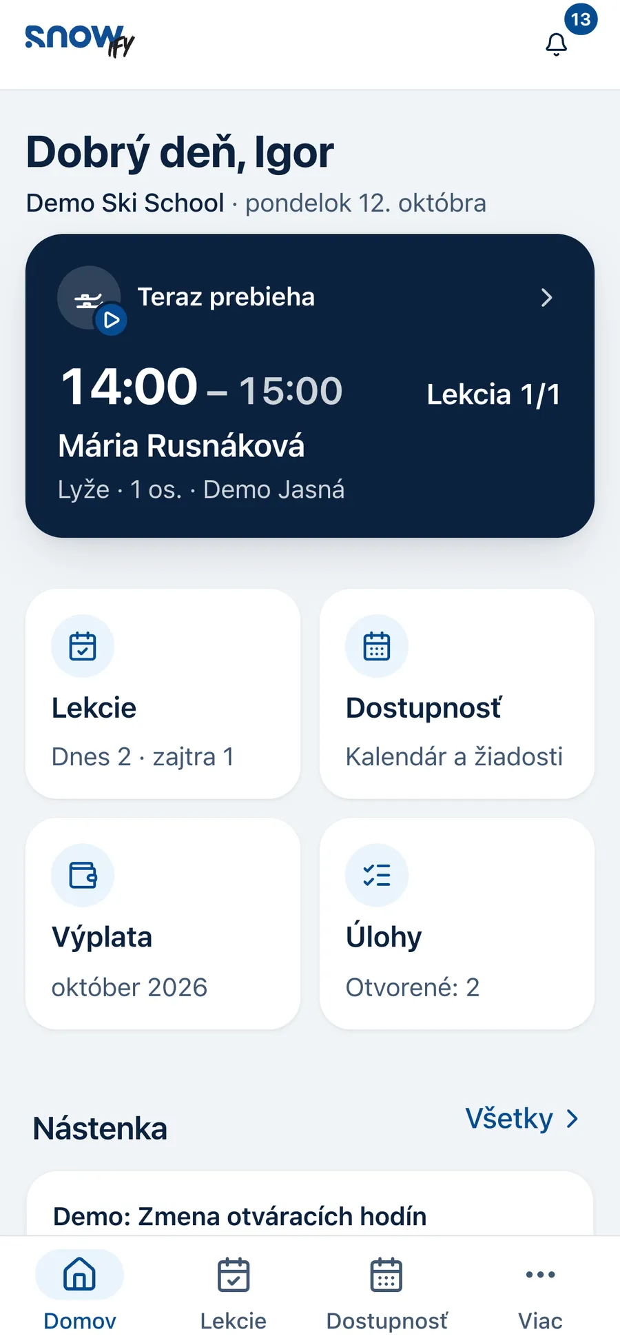 Domů v aplikaci instruktora s probíhající lekcí
