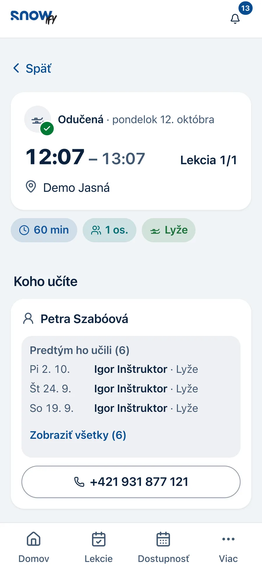 Aplikace instruktora s detailem lekce