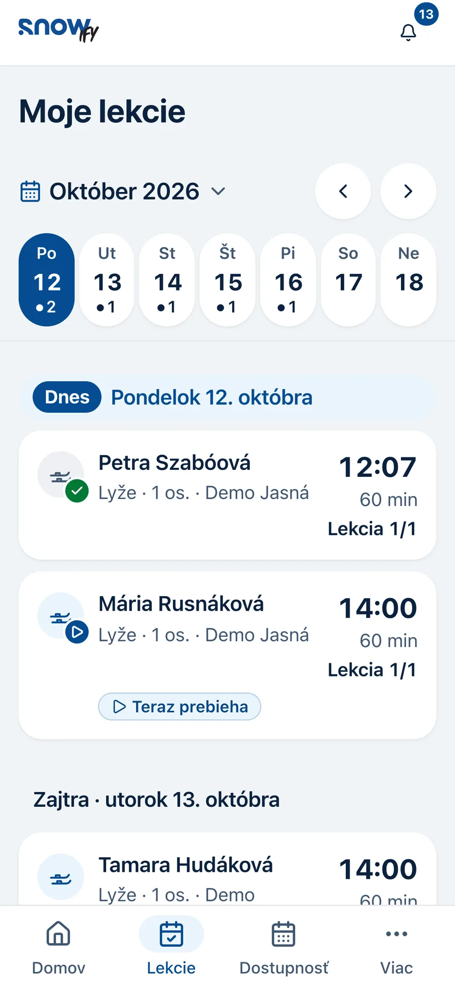 Seznam lekcí instruktora po dnech